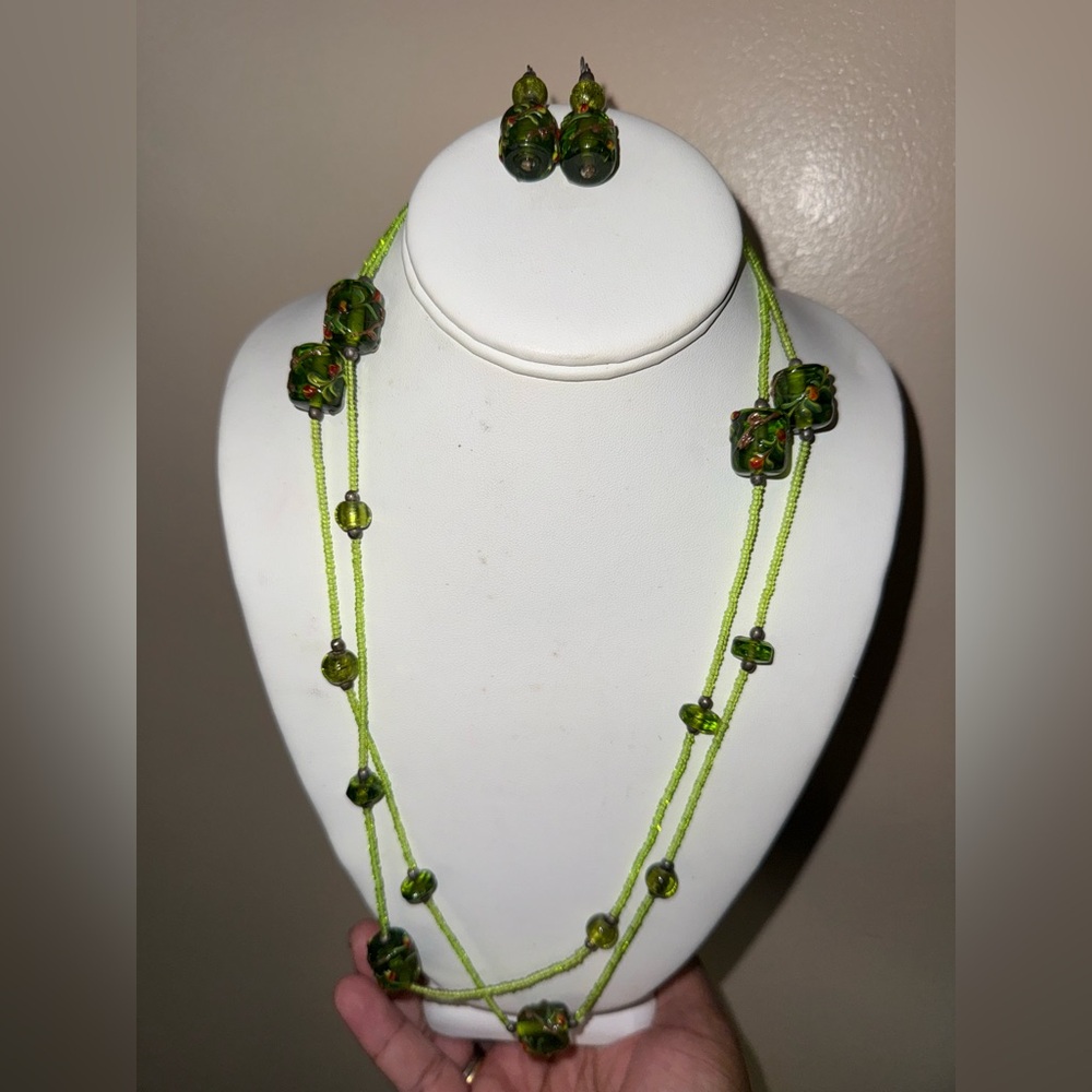 Vintage Glass Beaded Necklace and Pierced‎ Dangle Earring Set Green Brown Red